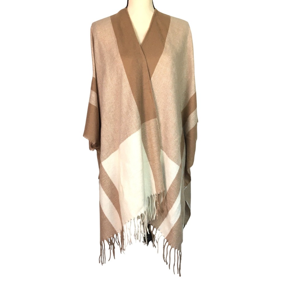 Vince Camuto Plaid Fringe Trim Open Front Poncho O/S Tan Cream Brown